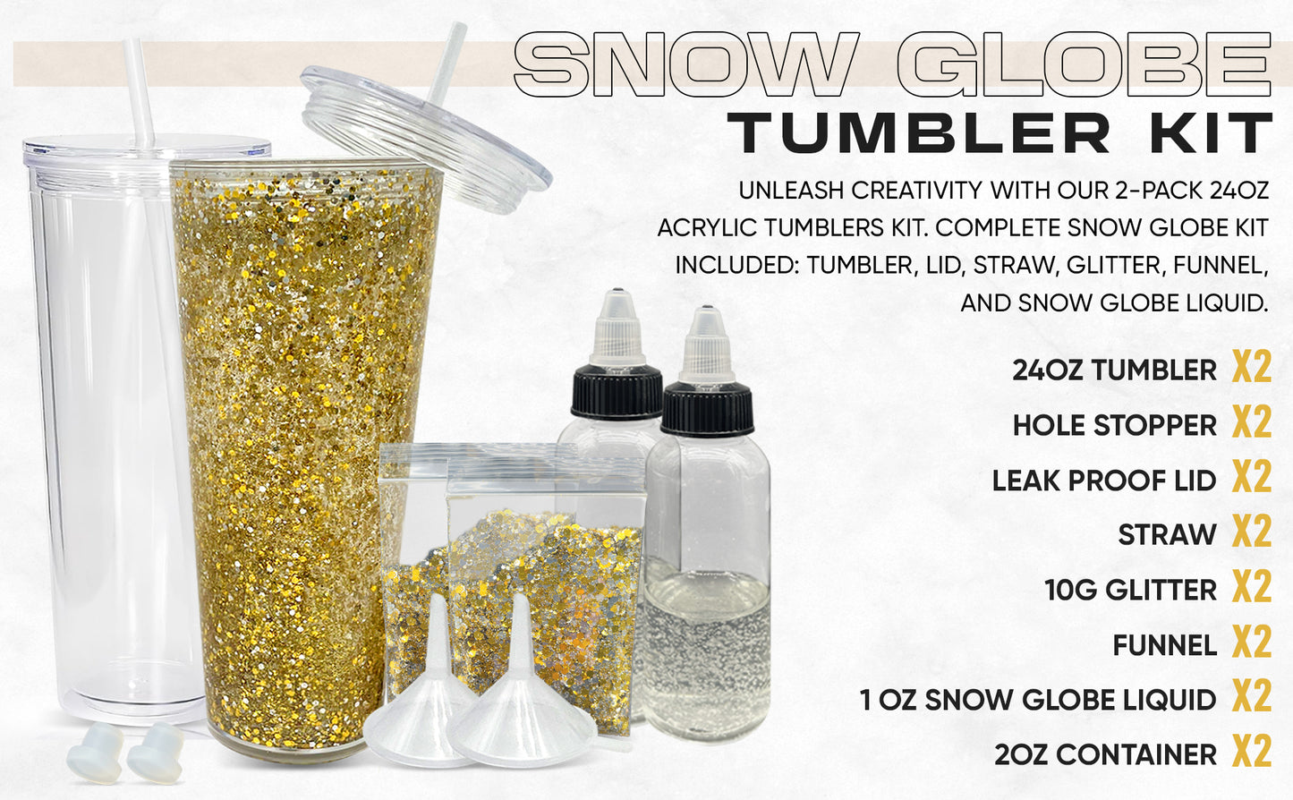 Snow Globe Tumbler Kit (2 pack): DYI complete craft kit includes 24oz Double Wall Tumbler w/predrilled hole, Stopper, Lid, Straw, Funnel, Glitter, 2oz Container w/ 1oz of Snowglobe liquid