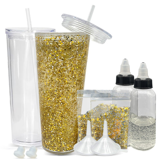 Snow Globe Tumbler Kit (2 pack): DYI complete craft kit includes 24oz Double Wall Tumbler w/predrilled hole, Stopper, Lid, Straw, Funnel, Glitter, 2oz Container w/ 1oz of Snowglobe liquid