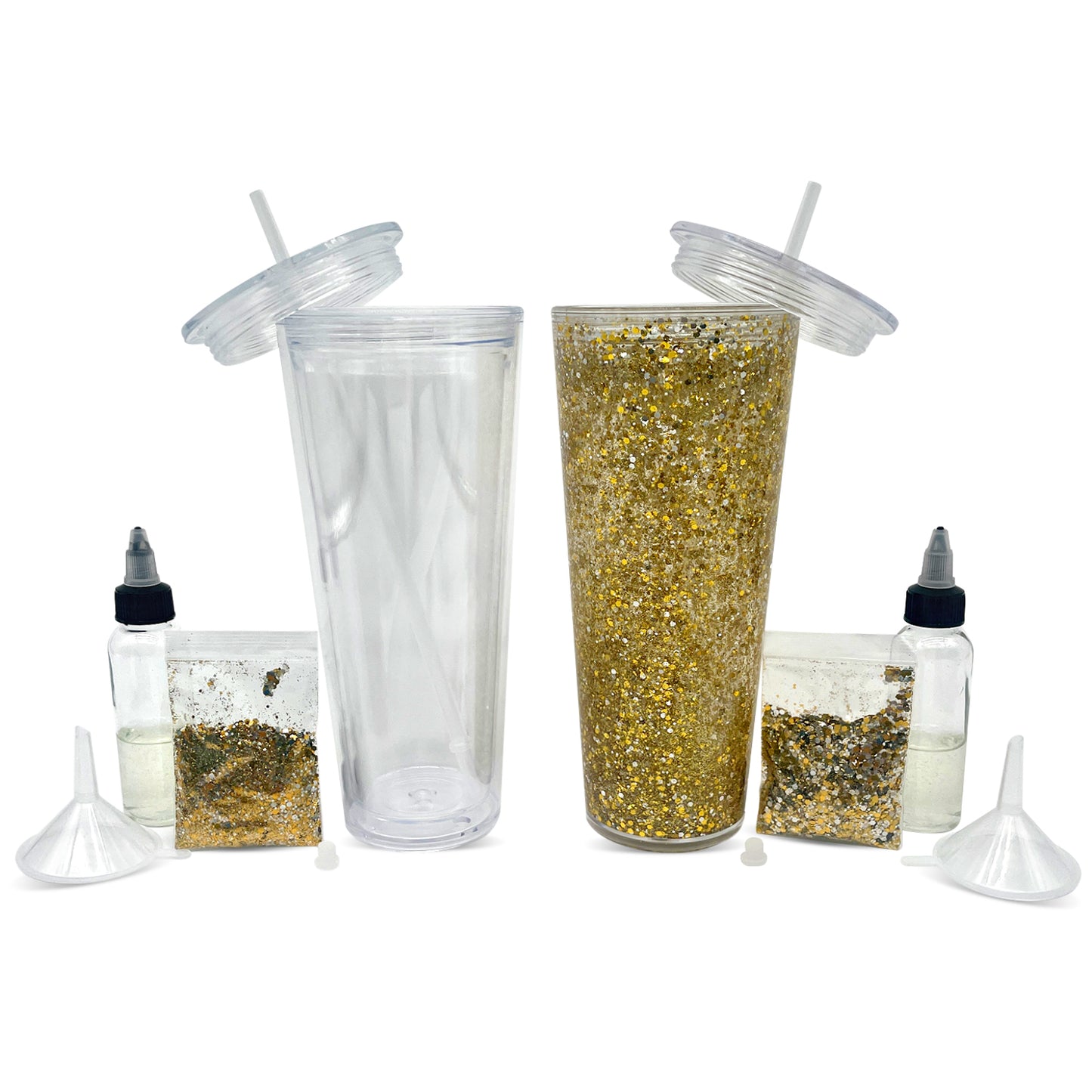 Snow Globe Tumbler Kit (2 pack): DYI complete craft kit includes 24oz Double Wall Tumbler w/predrilled hole, Stopper, Lid, Straw, Funnel, Glitter, 2oz Container w/ 1oz of Snowglobe liquid